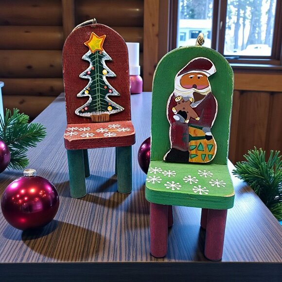 Vintage Wooden Santa & Tree Chair Folk Art Ornaments Handcrafted Set 1997 - Picture 1 of 10